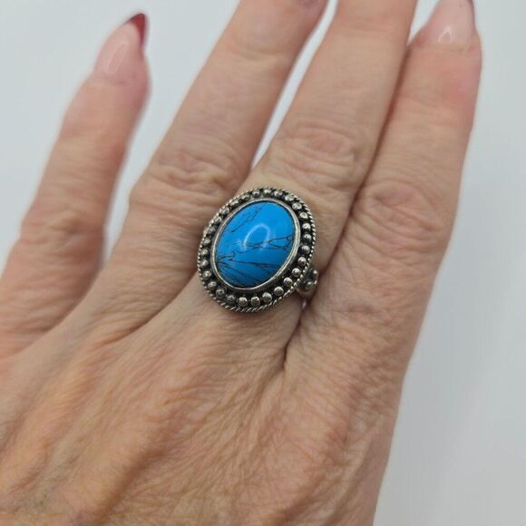 Vintage HAN 925 Sterling Silver Real Cabochon Turquoise Beaded Ring Size 6 - Picture 2 of 5